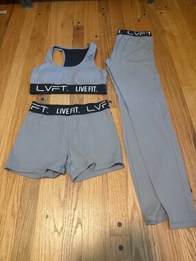 LVFT Live Fit Retro Boom 3 Pc Set Bra M Leggings Shorts L Cement